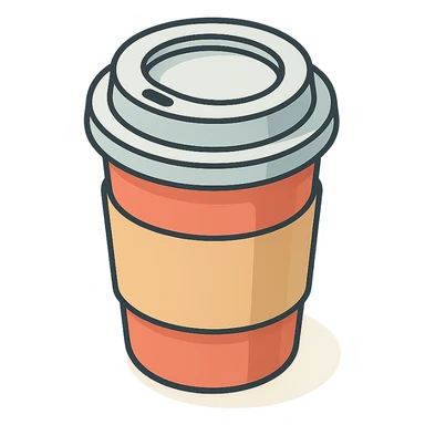 coffee in a paper cup with lid, isometric view, 2D isometric style, detailed drawing, detailed shadows and highlights, clean contours, soft lighting, transparent background sticker