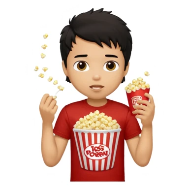generate a pretty tan bratz boy with a brown tshirt on. eating popcorn. messy black hair sticker