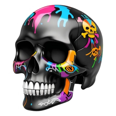 glossy black skull with colorful graffiti designs and fashion logos precisely contained inside the skull contours, three-quarter view sticker