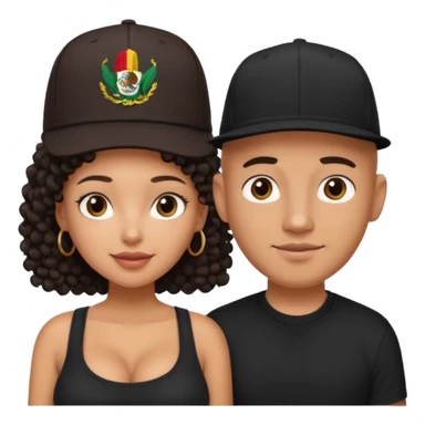 A picture of a cute tanned couple. the man is Mexican, with a bald hair cut wearing a SnapBack hat and a black shirt. the woman is mixed, she has curly longer dark brown hair,  no hat, and with big boobs  sticker