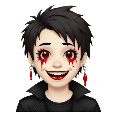 Laughing pale Goth boy with a bunch of face piercings, with shaggy dark brown hair, and messy black eyeliner , smudged, red, lipstick  sticker