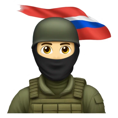 russian soldier with balaclava standing next to russian flag waving sticker