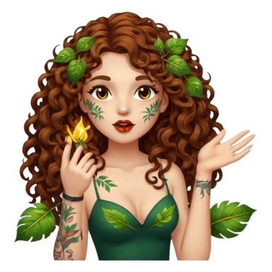 full body view of a woman with long curly brown hair, brown eyes, white skin, tattoos, blowing a glowing kiss made of leaves and sparks sticker