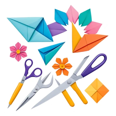 "Paper crafting icon, various paper crafts like origami, paper flowers, and scrapbooking materials, visible tools such as scissors, glue stick, and paper sheets, colorful paper patterns, minimalistic style, clean lines, transparent background." sticker