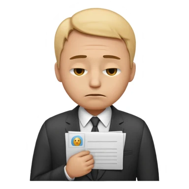 emoji character wearing a suit. face has a very sad, disappointed expression with drooping eyebrows and half-closed eyes. posture is dejected, with slumped shoulders just rejected from his interview to get a job, holding cv sticker