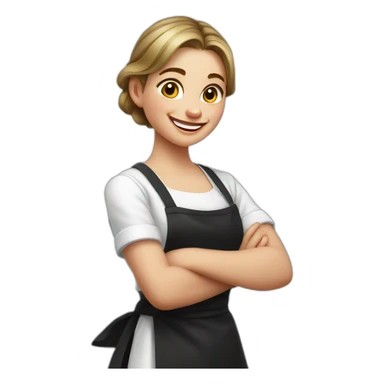 Slavic girl in a white T-shirt and black apron shows class with her thumb and laughs sticker