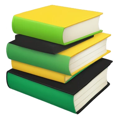 stack of books, one book is green, one yellow, and one black sticker