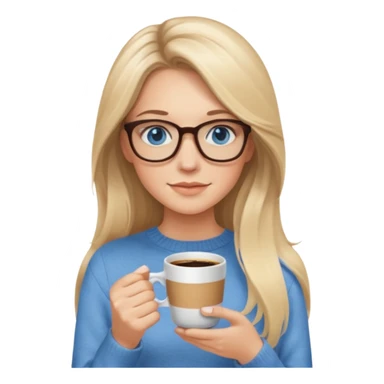 Blonde balayage long hair white women beige sweater blue eyes and small glasses holding coffee sticker
