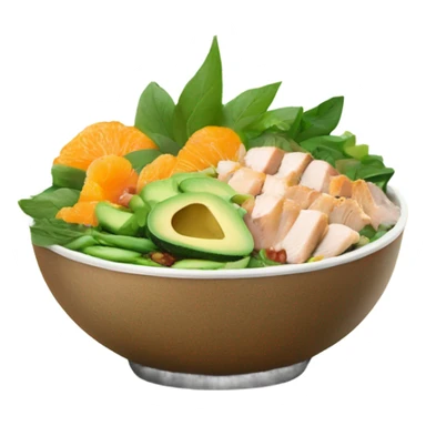 Poke bowl with chicken, avocados, mandarins, cucumbers and green beans; side view sticker