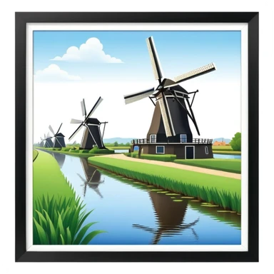 cinematic-realistic-kinderdijk-windmills-landmark-emoji,-showcasing-traditional-dutch-windmills-aligned-along-a-tranquil-canal,-with-lush-green-fields in a picture frame sticker
