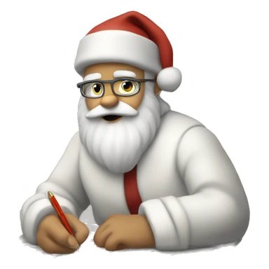 White Santa Claus is sitting on a desk, writing something down on a sheet of paper, solving complicated math puzzles sticker