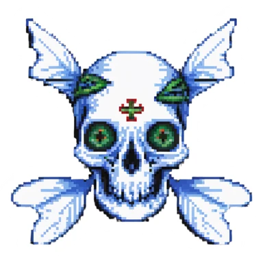 pixel art fish skull logo with X eyes and bone elements sticker
