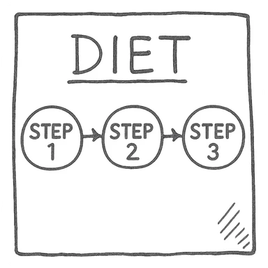 step 1, step 2 and step 3 of a diet connected with arrows, pen drawing style schematic on a white paper sheet with visible texture, isolated on white background sticker