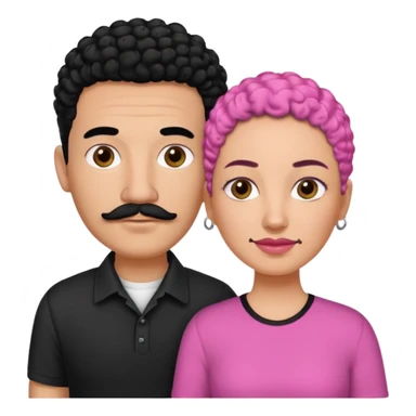 A picture if a couple, the man is a Mexican man with really short almost bald black hair and a trimmed mustache, a black shirt on. the woman is mixed with black and white, with curly hair and a pink shirt on sticker