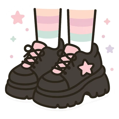 BLACKPINK-inspired gothic shoes, no hearts, black and pink, cute and stylish, kawaii style, chunky sneakers with star accents, pastel striped socks sticker