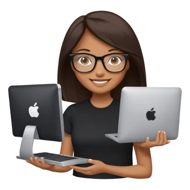 woman with tan skin, long straight dark-brown hair and glasses, smiling and holding mac computer, wearing black t shirt sticker