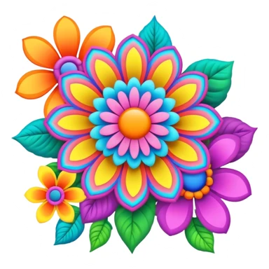 3D, psychedelic colored post card with hippie style flower border sticker