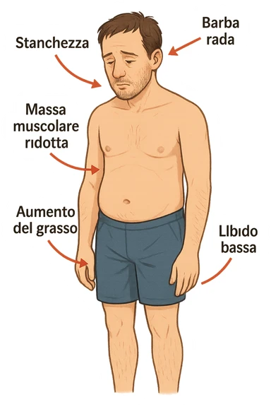 un uomo adulto in piedi, con postura stanca e muscolatura ridotta. Attorno al corpo, frecce rosse puntano verso zone chiave come viso (barba rada), torace (massa muscolare ridotta), addome (aumento del grasso), e area pelvica (libido bassa). Accanto a ogni freccia, etichette in italiano: “Stanchezza”, “Massa muscolare ridotta”, “Aumento del grasso”, “Libido bassa”, “Barba rada”. Sfondo bianco, stile educativo e chiaro. sticker