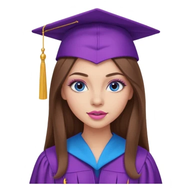 girl with gorgeous long brown hair, blue eyes, long lashes makeup, sexy pink lips, wearing a purple and pink graduation cap and gown sticker