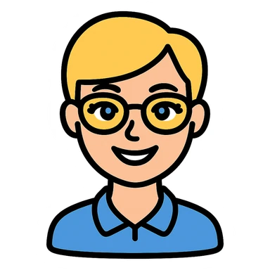 blonde teacher with pixie haircut, gold glasses, blue eyes, big eyelashes, nice smile icon-color-outlined style sticker