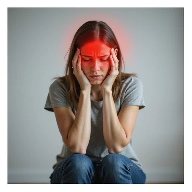 woman sitting with head in hands, head highlighted in red for headache, strong discomfort expression, realistic style, neutral background sticker
