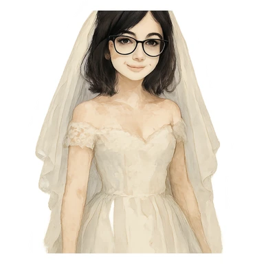 watercolor style girl with black hair in glasses in a wedding dress sticker