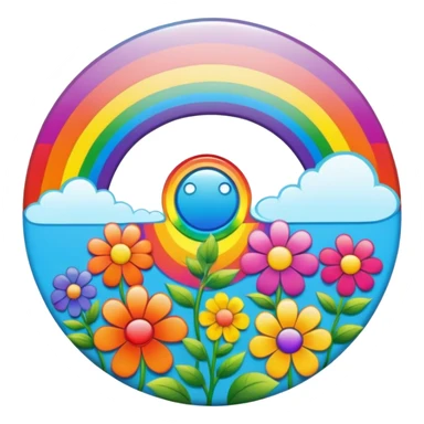 A round psychedelic colored button with a bezeled rainbow and colored hippie style flowers sticker