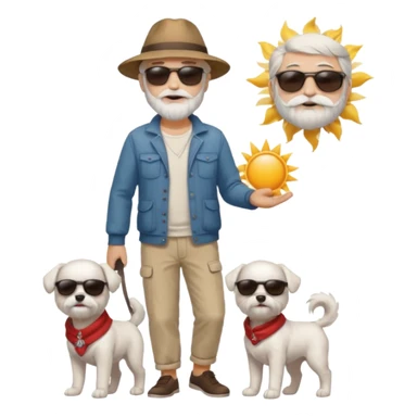 white man grey hair beard holding a white Maltese relaxing on a beach full body 1 dog sticker
