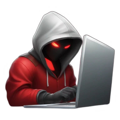 developer behind his laptop with this style : Riot Games Valorant dark red glowing bright red character red black hooded assassin themed character sticker