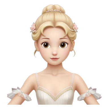 Cinematic Realistic Ballerina Portrait, depicted with lifelike skin texture, subtle rosy undertones, and soft natural lighting that enhances the gentle contours of her face. Her intricately detailed golden blonde hair is elegantly styled in an updo, sticker