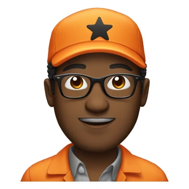 An african american man in an orange jumpsuit with black glasses and a star on his orange hat. sticker