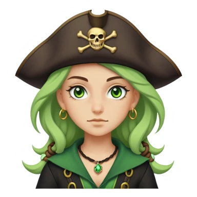 Crée moi un emoji d’une sorcière pirate ado avec les yeux vert sticker
