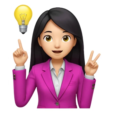 Cute 3D emoji of a Korean woman in a magenta blazer, long black hair and big brown eyes, with a light bulb above her head, excited expression, finger pointing up, solid lemon yellow background. sticker