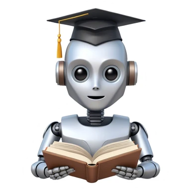 artificial robot reading a big book with graduation head sticker