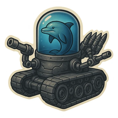 Menacing dolphin in a water tank mounted on tank treads, gritty metallic look, blue water in tank, robotic arms with large forward-facing guns, rack of missiles, retro sticker style, no border. sticker