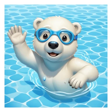 friendly anthropomorphised polar bear swimming freestyle with excited expression, wearing blue swimming goggles, pool tiles and water visible sticker