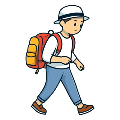 sad tired traveler with backpack and hat walking sticker