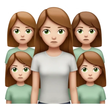 Cartoon emoji of a girl with long, straight light brown hair, fair skin, soft green eyes. Wearing a white top, standing slightly apart from a group, looking unsure and miserable. Nervous, fearful, lacking confidence. Smooth, simple, stylized." sticker