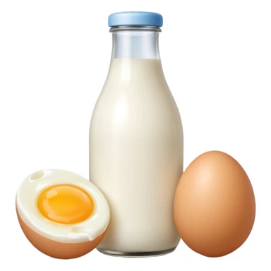 A cluster of dairy items: a milk bottle with an egg and a small cheese drop shadow behind them sticker