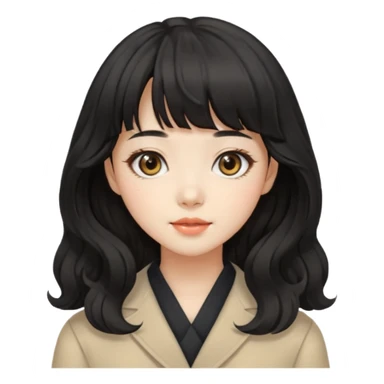 charming Korean girl, black wavy hair, bangs, beige eyes sticker