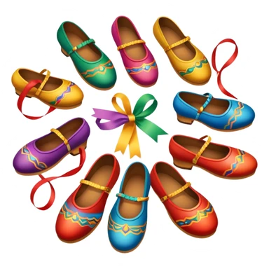 Humanless Icon for Folk Dance: close-up traditional dance shoes, colorful folk costumes, and a dance circle with ribbons and musical instruments like a tambourine or accordion. The icon should represent the vibrant and cultural aspects of folk dancing. Transparent background. sticker