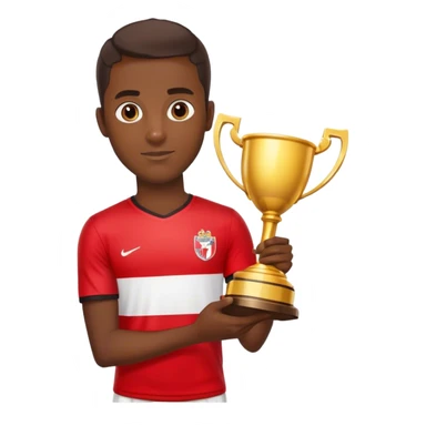 footballer in red-white t-shirt, in his hand golden trophy sticker