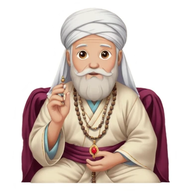An old man sits on a Persian rug with a rosary, a large ring, a long beard and hair, but he is handsome and modern, wearing a robe and a turban, and looks at the camera with amazement. sticker