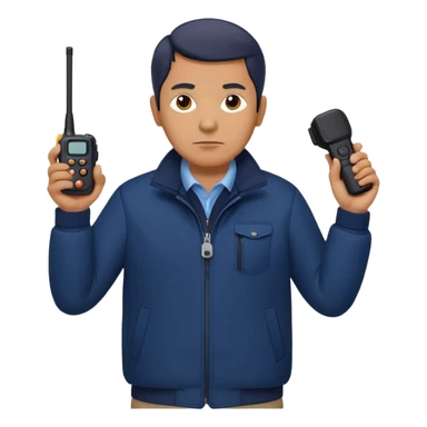 Security, Middle-aged, wearing navy blue jacket, serious facial expression, holding holding walkie-talkie, full body sticker