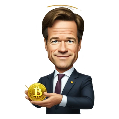 Prime minister Mark Rutte holding a bitcoin sticker