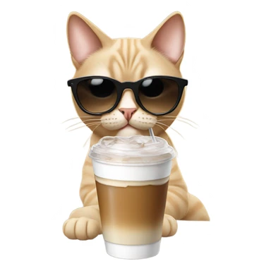 Beige cat wearing black sunglasses with a ice coffee sticker
