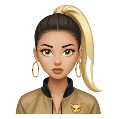 “Emoji girl, fierce confident expression, sharp winged eyeliner, bold brows, matte nude lips, long lashes, sleek high ponytail, wearing gold hoop earrings and sporty streetwear jacket.” sticker