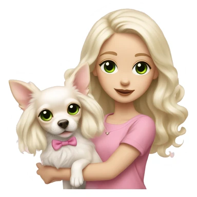 pale blond girl with wavy long platinum hair with green eyes holding a white chihuahua puppy that wearing a pink bow sticker