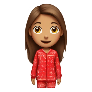 girl with long brown hair, in red New Year's pajamas with bears sticker