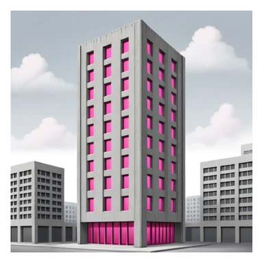 Tall gray brutalist concrete tower with one bright pink window among many regular gray windows sticker